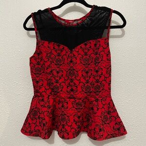 Bongo Peplum Top Juniors Large Red Black Floral Mesh Cut Out Back Whimsigoth
